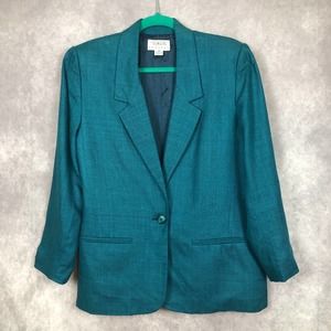 Vintage Talbots 100% Silk Blazer Jacket Green Womens Size 10 Petite Made in USA